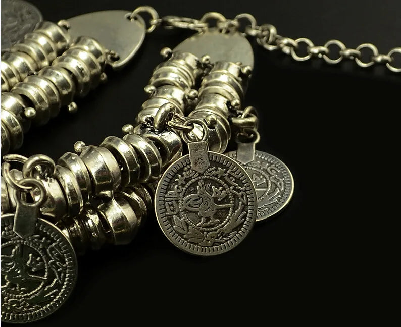 Bracelet – Bohemian Vintage Turkish Antalya Coin – Silver Plated – Silver | KIMLUD