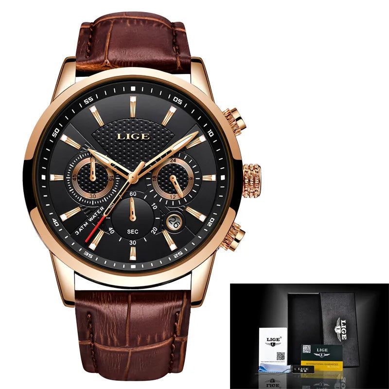 2025 New Mens Watches LIGE Top Brand Leather Chronograph Waterproof Sport Automatic Date Quartz Watch For Men Relogio Masculino