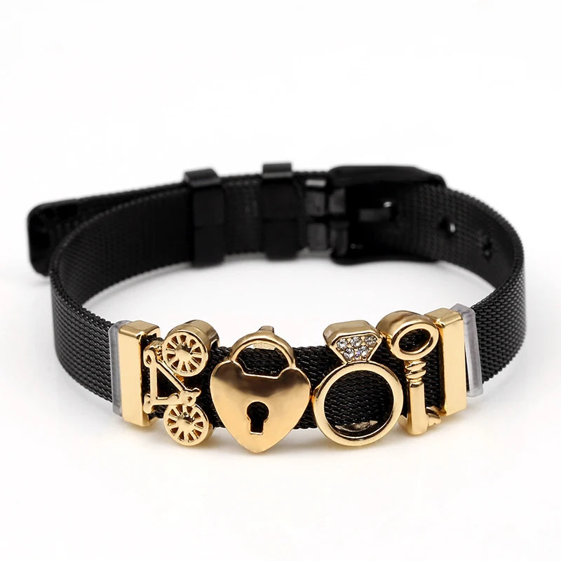 DINGLLY Two-tone Stainless Steel Mesh Bracelets For Women Men Love Heart Beaded 10mm Ribbon Mesh Bracelet & Bangle Gifts