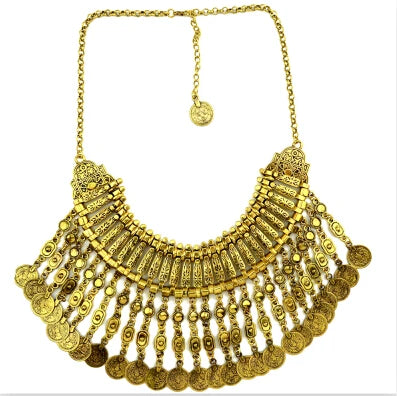Afghan Bohemian Jewelry Set – Coin Tassel Necklace Earrings – Gold & Silver | KIMLUD