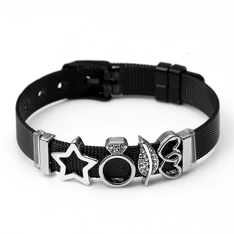 DINGLLY Two-tone Stainless Steel Mesh Bracelets For Women Men Love Heart Beaded 10mm Ribbon Mesh Bracelet & Bangle Gifts