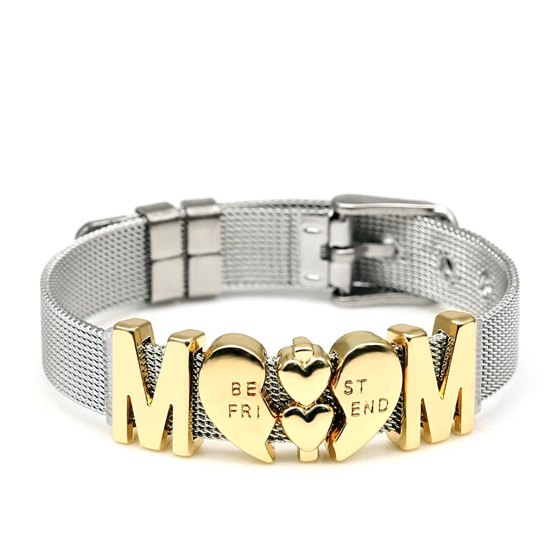DINGLLY Two-tone Stainless Steel Mesh Bracelets For Women Men Love Heart Beaded 10mm Ribbon Mesh Bracelet & Bangle Gifts