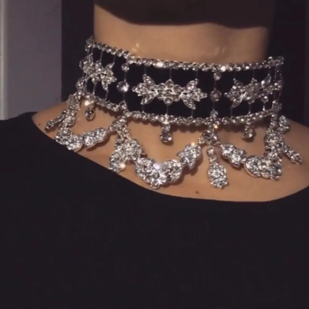 Big Maxi Statement Necklace Rhinestone Flower Ribbon Collar — Crystal | KIMLUD