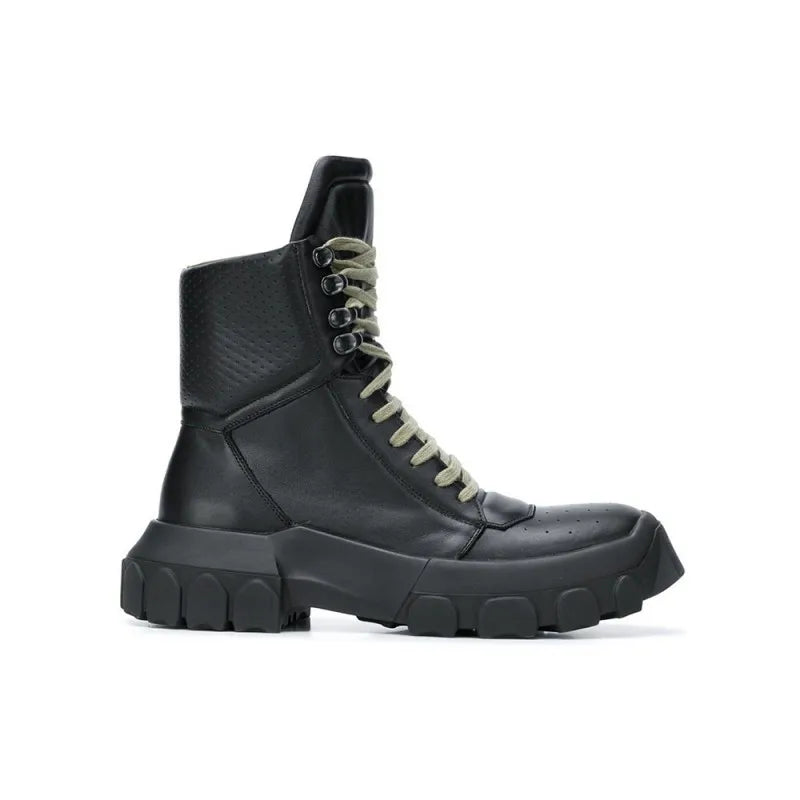 Punk Winter Men Lace Up Tactical Platform Ankle Boots Med Heels Platform Work Safety Shoes Army Genuine Leather Boots Homme