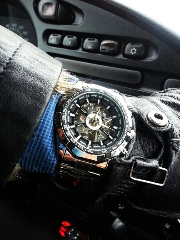 Forsining 2025 Stainless Steel Waterproof Mens Skeleton Watches Top Brand Luxury Transparent Mechanical Sport Male Wrist Watches