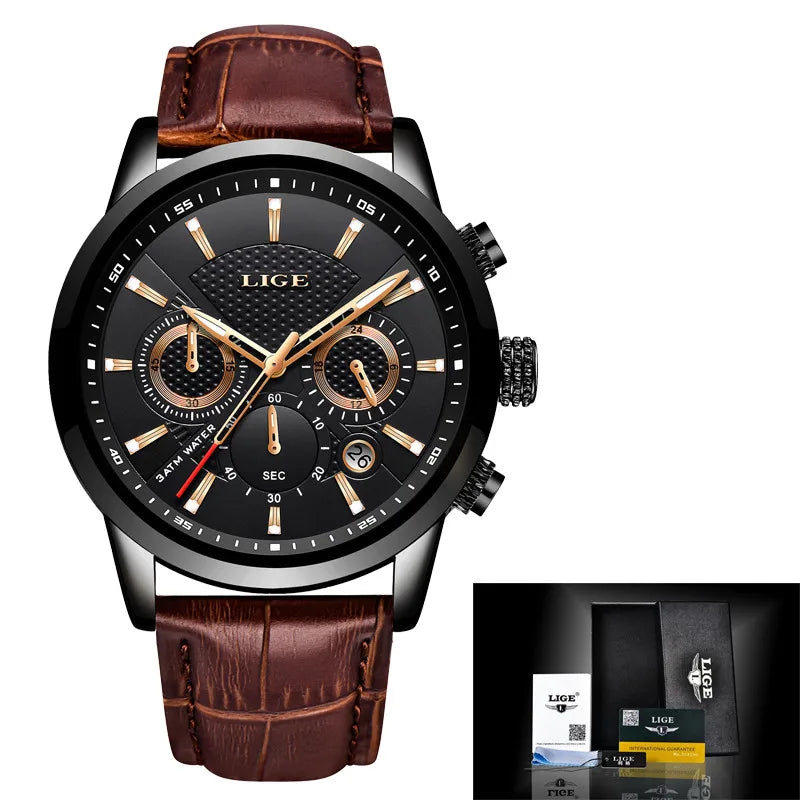 2025 New Mens Watches LIGE Top Brand Leather Chronograph Waterproof Sport Automatic Date Quartz Watch For Men Relogio Masculino