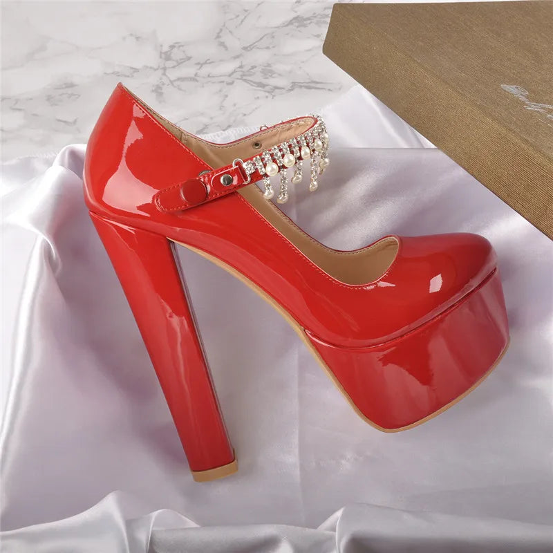 Pumps – Mary Jane Platform – Round Heel Ankle Strap – Red Nude | KIMLUD