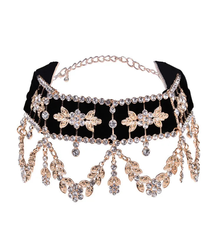 Big Maxi Statement Necklace Rhinestone Flower Ribbon Collar — Crystal | KIMLUD