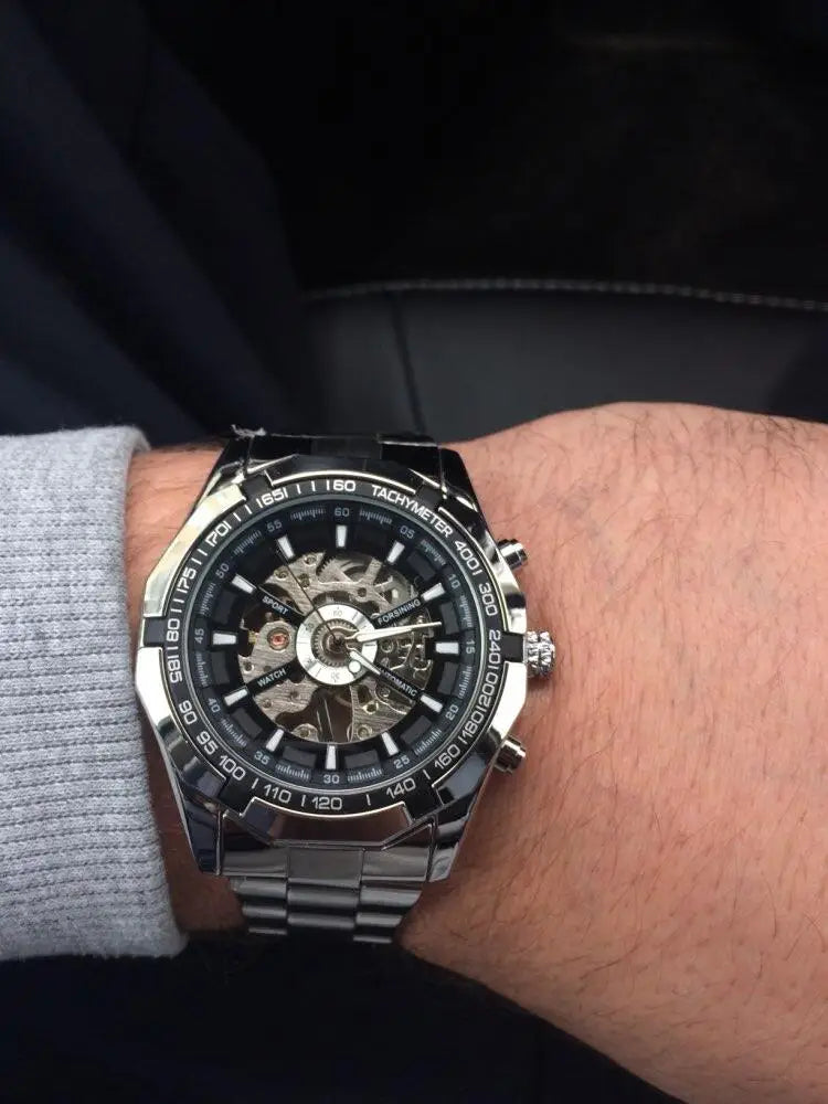 Forsining 2025 Stainless Steel Waterproof Mens Skeleton Watches Top Brand Luxury Transparent Mechanical Sport Male Wrist Watches