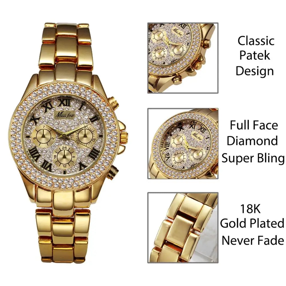 MISSFOX Women Watches Classic Roman Numbers Fake Multiple Time Zones Quartz Watch Women Fashion Casual Gold Bling Ladies Watch