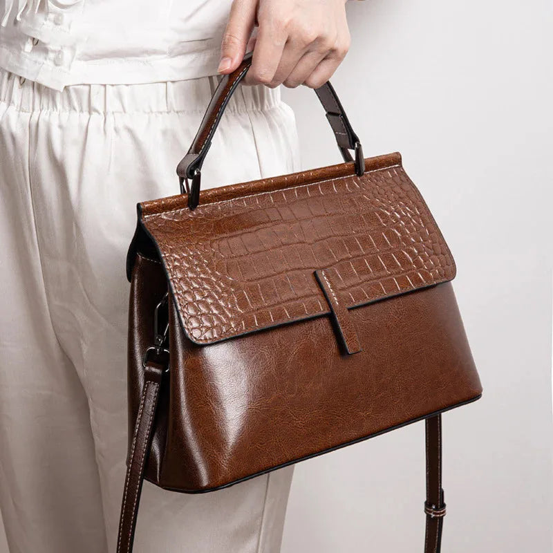 Genuine Leather Handbag Crocodile Print Double Shoulder Straps — Cognac | KIMLUD