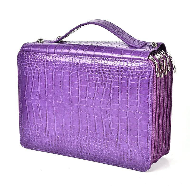 Crocodile-Embossed PU Pencil Case Five-Layer Large Capacity — Purple | KIMLUD