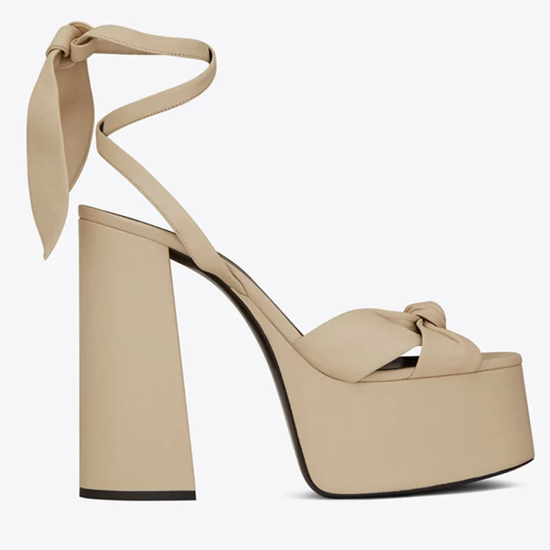 Microfiber Platform High Heel Sandals With Bow — Red | KIMLUD