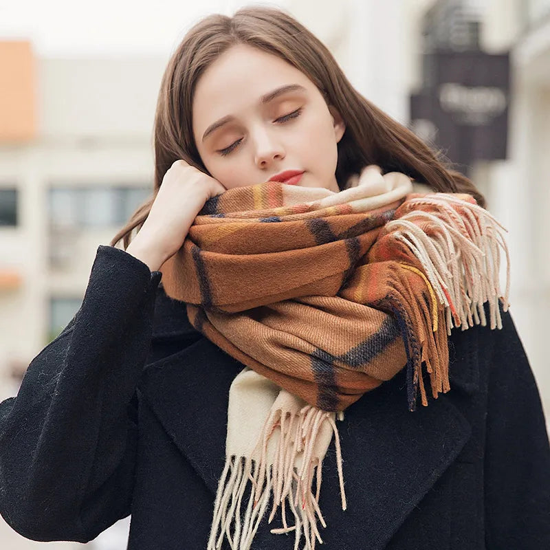 Lambswool Scarf Checkered Camel Plaid — Camel | KIMLUD