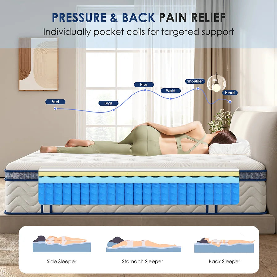 Size Foam Mattress 12 Inch Individually Pocketed Innerspring Medium Firm Bedroom Home Furniture