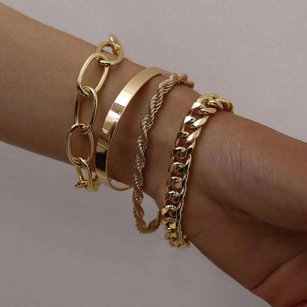 4pcs Punk Curb Cuban Chain Bracelets Set for Women Miami Boho Thick Gold Color Charm Bracelets Bangles Fashion Jewelry