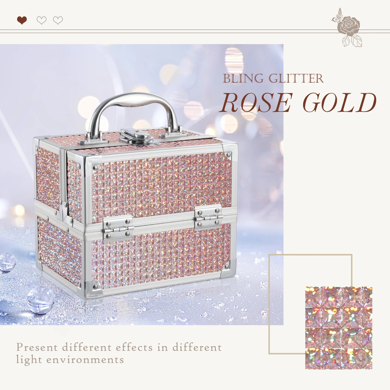 Fashionable Girls Cosmetic Case with Mirror for Artist 2 Trays Lockable Aluminum Makeup Train Case Travel Beauty Storage Case