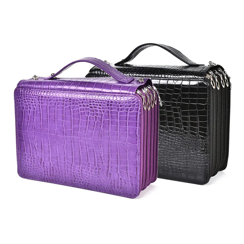 Crocodile-Embossed PU Pencil Case Five-Layer Large Capacity — Purple | KIMLUD