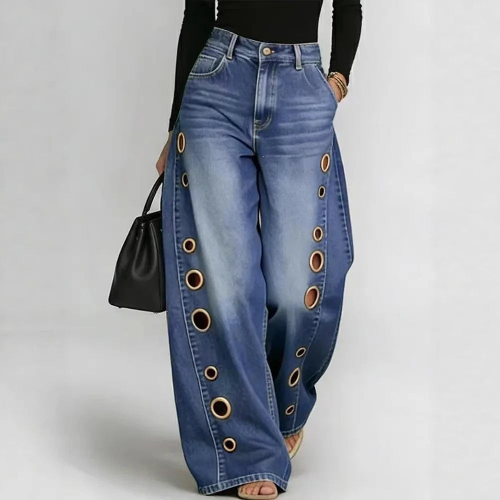 Denim Jeans Baggy Straight High Waist With Gold Eyelet Detailing And Subtle Draping — Blue | KIMLUD