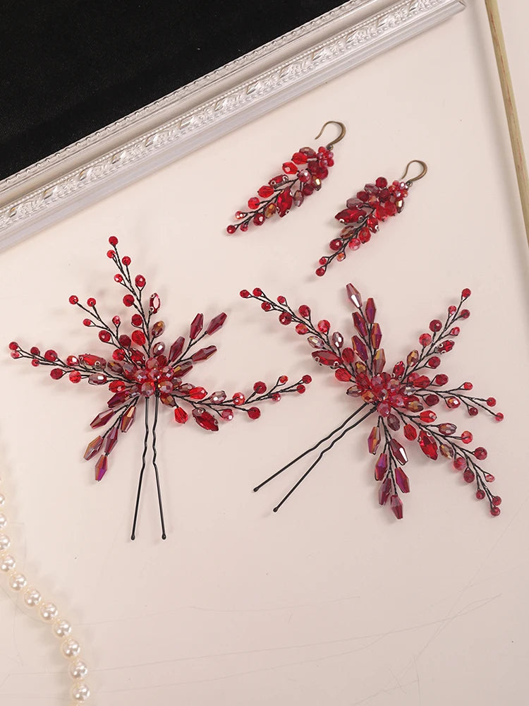 KIMLUD, Bohe Red Black Bridal Headwear Crystal Hair pin and Earrings set Bride hair jewelry hat female wedding hair accessories, Two hair pins / CHINA, KIMLUD Women's Clothes
