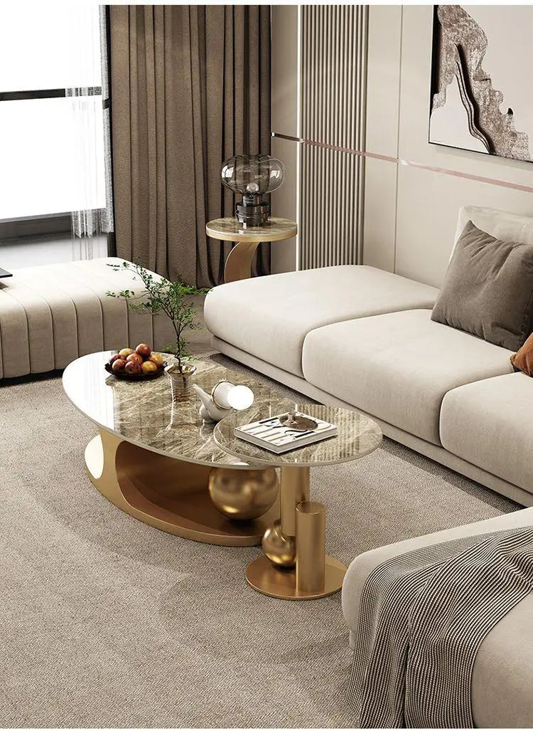 Italian Marble Oval Extendable Coffee Table With High Gloss Rock Plate Finish — White | KIMLUD