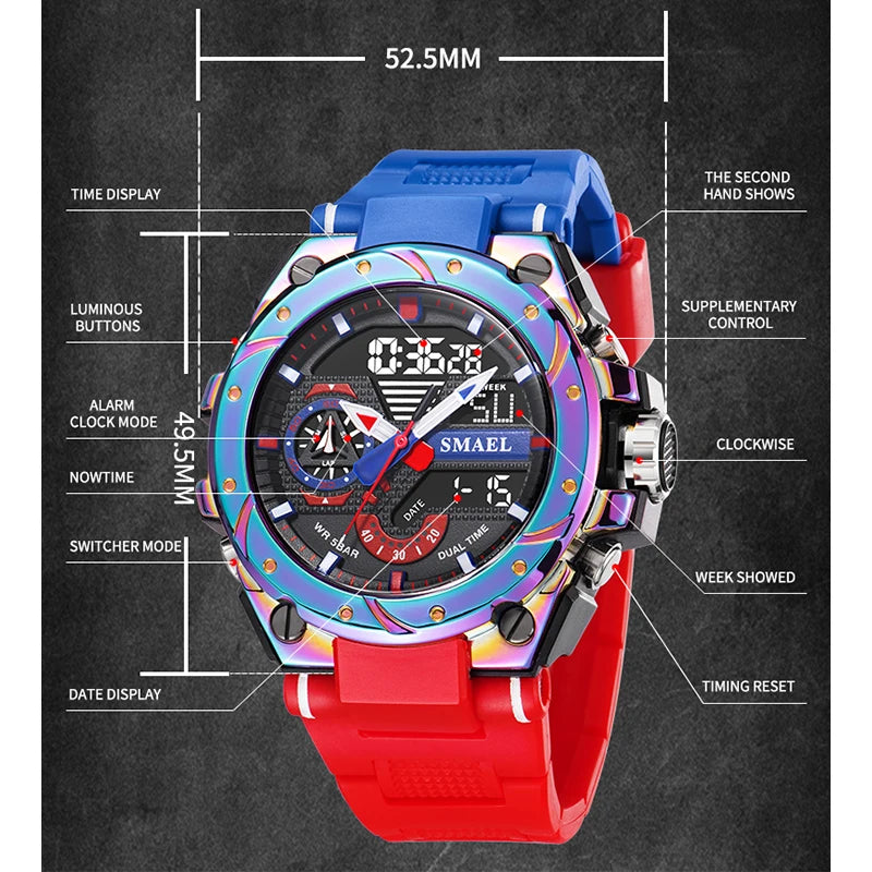 KIMLUD, Quartz Watch For Men SMAEL Wristwatches Watcholorful Red Bracelet 50M Waterproof Alarm Clock Analog Digitals 8060 Sport Watches, KIMLUD Women's Clothes