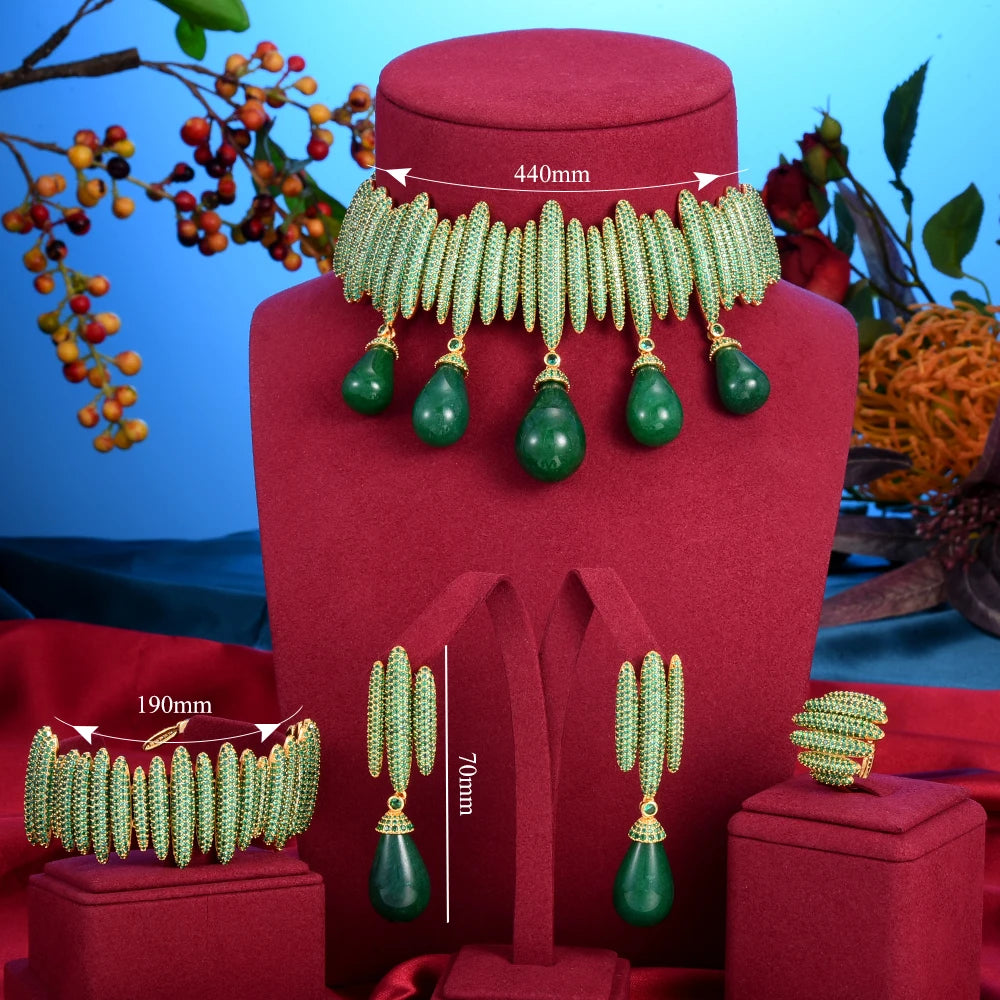 missvikki Exclusive Princess Emeralds Luxury Big Green Drop Necklace Earring Bracelet Ring Party Jewelry Set for Women Lady