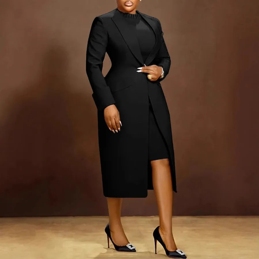 Elegant Two-Piece Set Lapel Dress And Blazer — Black | KIMLUD
