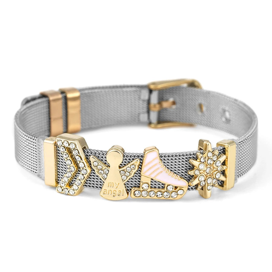 DINGLLY Two-tone Stainless Steel Mesh Bracelets For Women Men Love Heart Beaded 10mm Ribbon Mesh Bracelet & Bangle Gifts