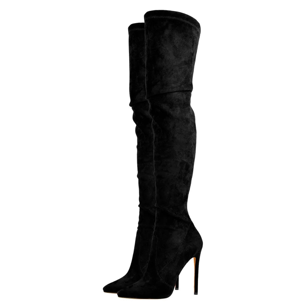 Onlymaker Womens Stretch Thigh High Socks Booties Pointed Toe High Heel Over the Knee Boots Faux Suede Black Big Size Boots