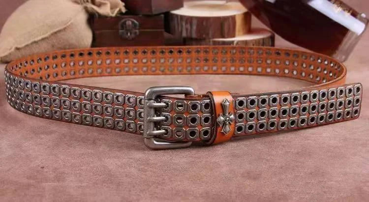 Studded Leather Belt Heavy Metal Style — Dark Brown | KIMLUD