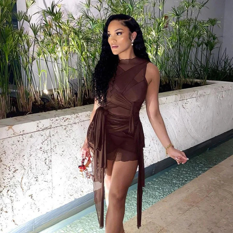 Ribbon-Wrapped Dress Draped See-Through Mesh Bandage Short High-Waist — Brown | KIMLUD