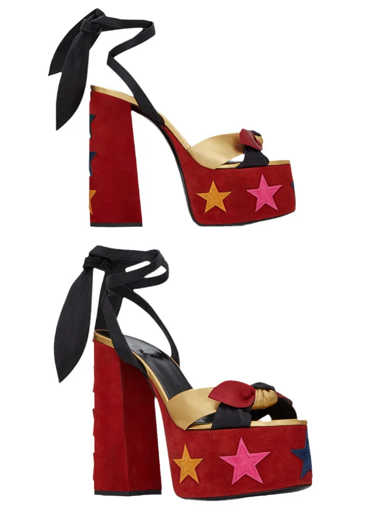 Microfiber Platform High Heel Sandals With Bow — Red | KIMLUD
