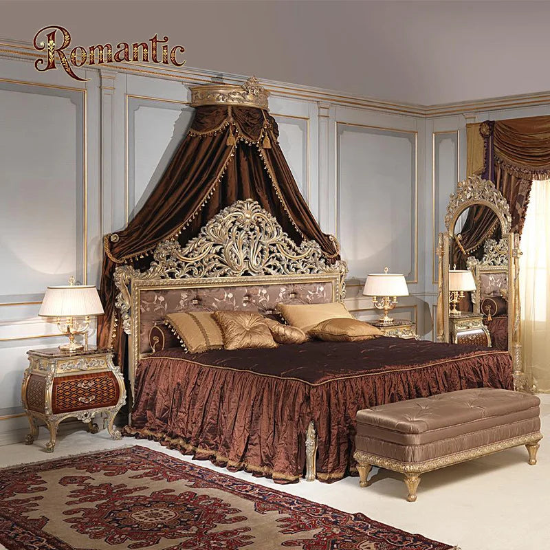 French Classical Style Solid Wood Bedroom Furniture Set with Antique Gold Leaf Decoration and Luxurious Antique Bed
