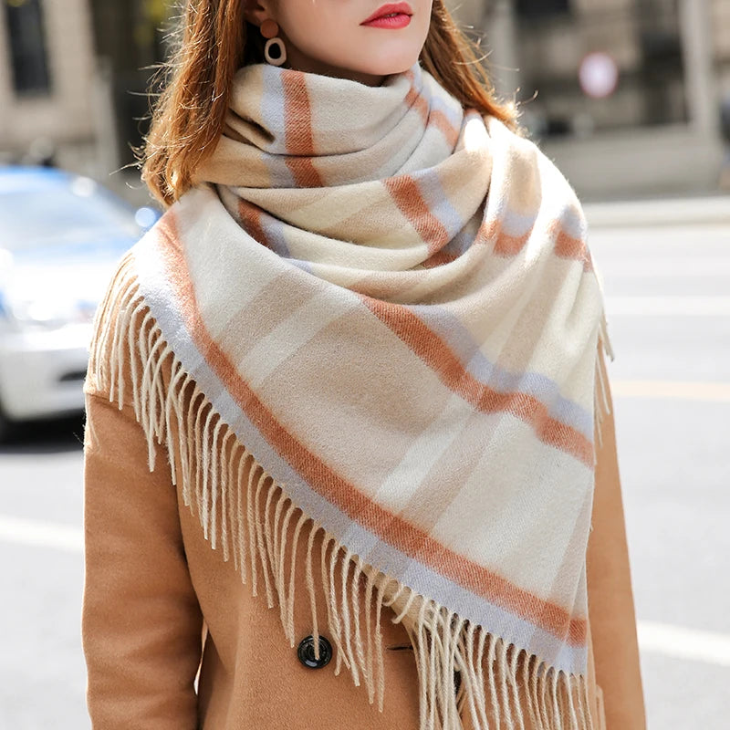 Lambswool Scarf Checkered Camel Plaid — Camel | KIMLUD