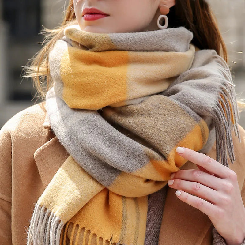 Lambswool Scarf Checkered Camel Plaid — Camel | KIMLUD