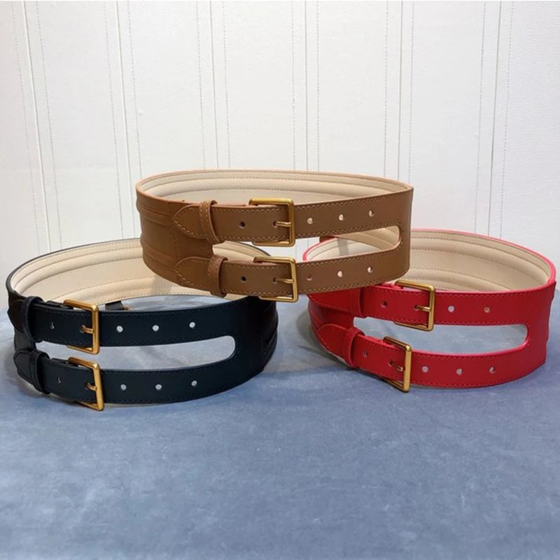 Light gold double needle buckle  wide waist seal leather women's wide belt suit coat decoration Waist Wide Belt