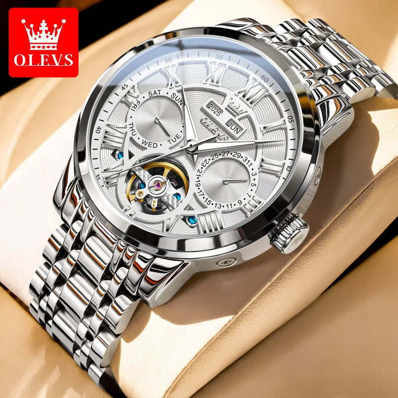 Stainless Steel Watch Moon Phase Luminous Tourbillon Automatic — Cobalt Blue | KIMLUD