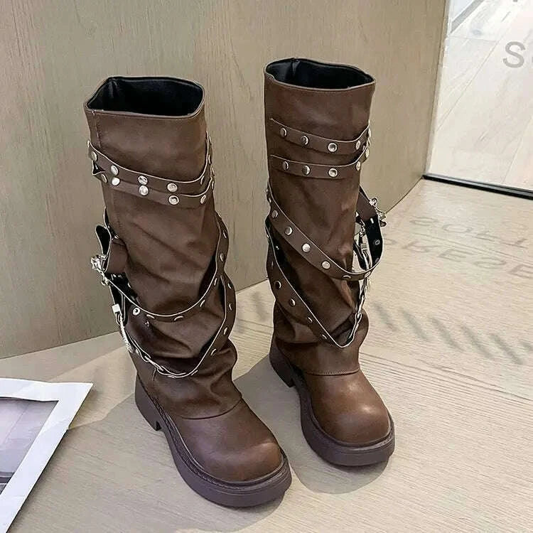 2024-new-winter-denim-boots-womens-retro-brown-belt-buckle-round-head-high-boots-knee-length-bootskimlud-womens-fashion-34622144