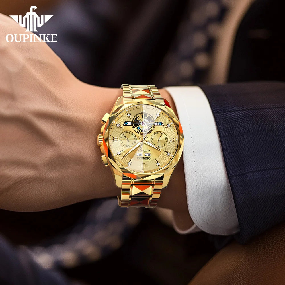 Oupinke 3316 Oem logo Hollow Design Business Tourbillon Waterproof Stainless Steel Luminous  Automatic Mechanical Watch for Man