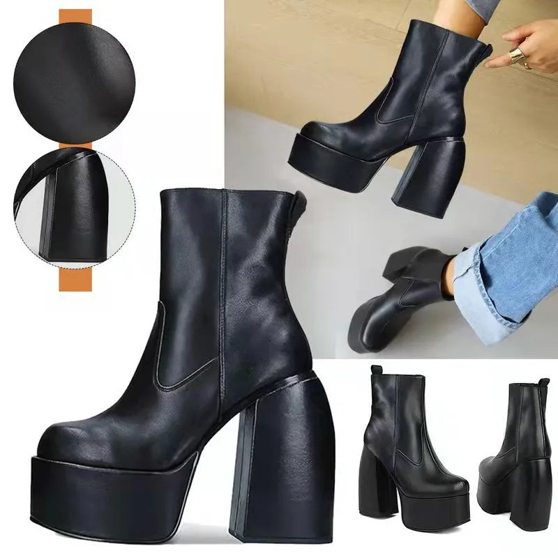 Platform Heel Boots – Knee High Boots – Black | KIMLUD