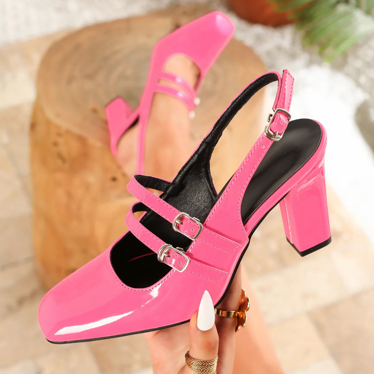 Patent Leather Sandals Square-Toe Block Heel — Black | KIMLUD