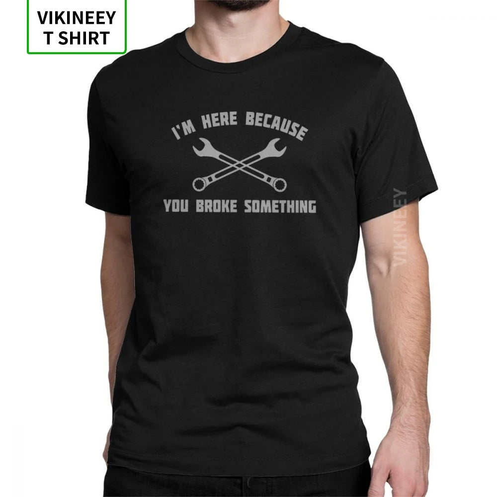 Men's T Shirt – Mechanic Car Print – Cotton Short Sleeve – Black | KIMLUD