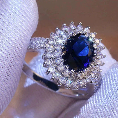 KIMLUD, CAOSHI Luxury Blue Crystal Stone Rings with Tiny Flower Cubic Zirconia Pretty Women's Jewelry Elegant Engagement Accessories, KIMLUD Womens Clothes