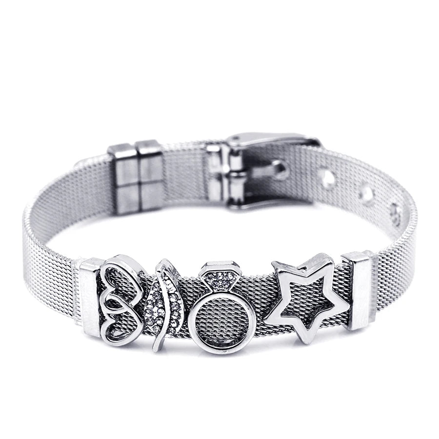 DINGLLY Two-tone Stainless Steel Mesh Bracelets For Women Men Love Heart Beaded 10mm Ribbon Mesh Bracelet & Bangle Gifts
