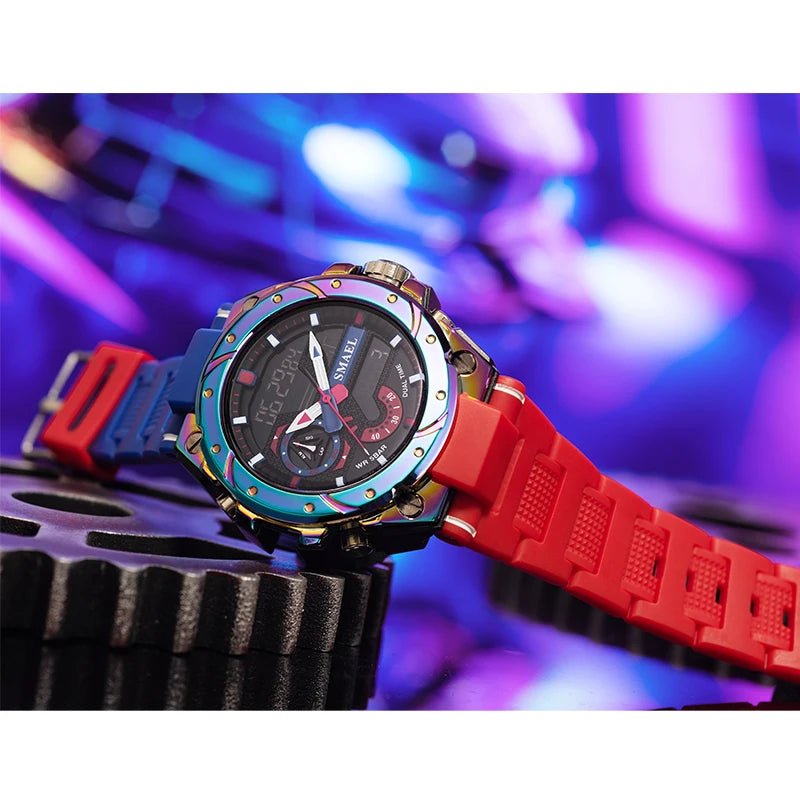 KIMLUD, Quartz Watch For Men SMAEL Wristwatches Watcholorful Red Bracelet 50M Waterproof Alarm Clock Analog Digitals 8060 Sport Watches, KIMLUD Women's Clothes