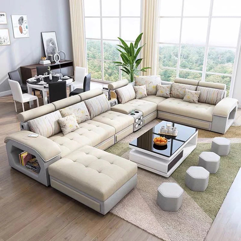 Microfiber Sofa With Integrated Bluetooth Speakers And USB Charger — Taupe | KIMLUD