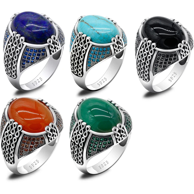 Lapis Lazuli Stone for Men 925 Sterling Silver Blue Stone Vintage Stripe Ring Turkish Thai Silver Jewelry for Male Women Gift - KIMLUD