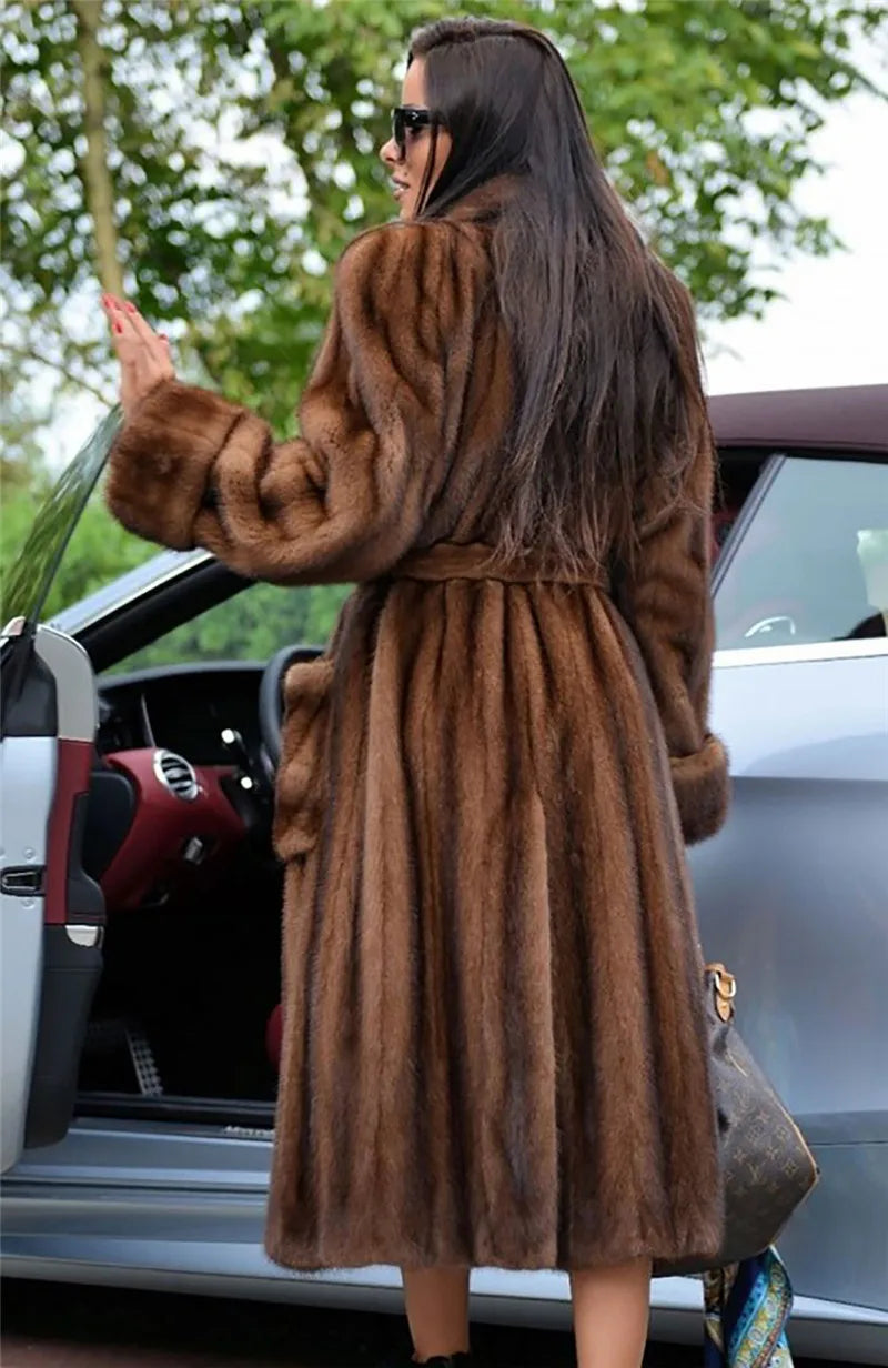 Natural Real Mink Fur Coat for Women High Quality Genuine Long Jacket with Lapel Collar Pelt Women's Outerwear