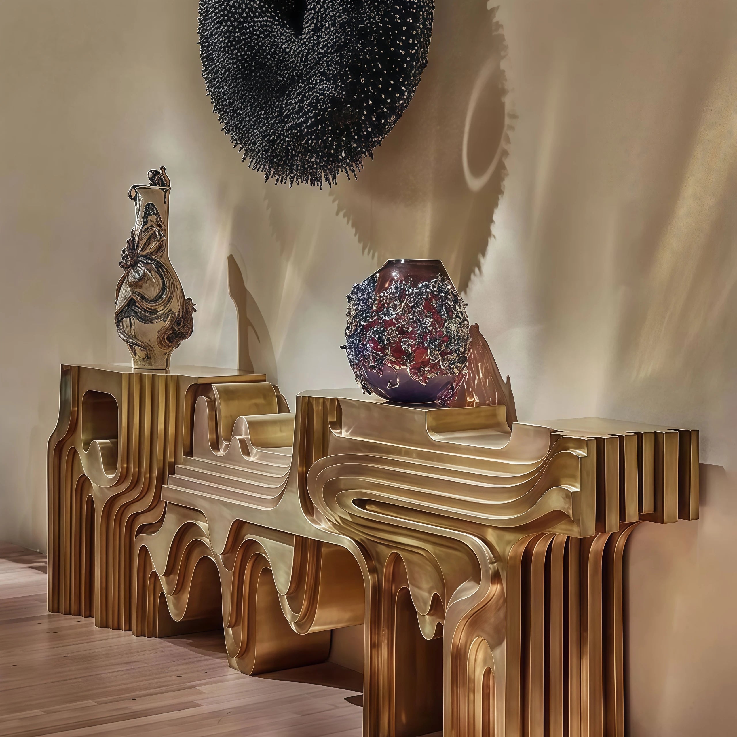 Solid Wood Console Table Pedestal Base — Golden | KIMLUD